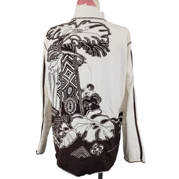 Women's Spa by Chico's Full Zip Jacket Size 2 White Brown Back Design Palm Tree - Picture 1 of 5